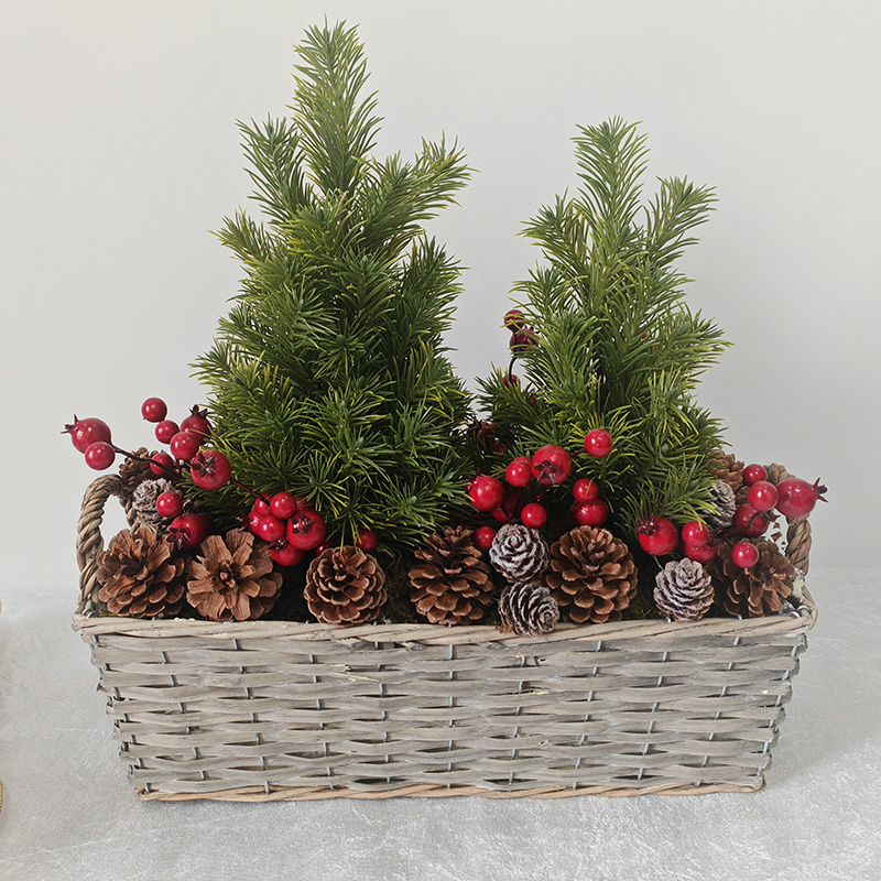 Weathered Grey Wicker Basket Double Pine Christmas Table Centerpiece