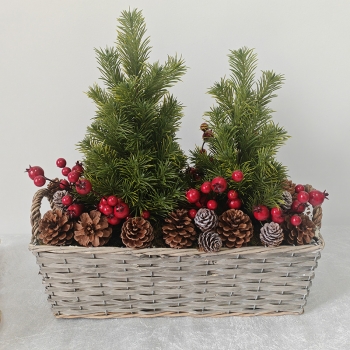 Weathered Grey Wicker Basket Double Pine Christmas Table Centerpiece