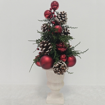 White Urn Red Bauble & Frosted Pinecone Christmas Centerpiece