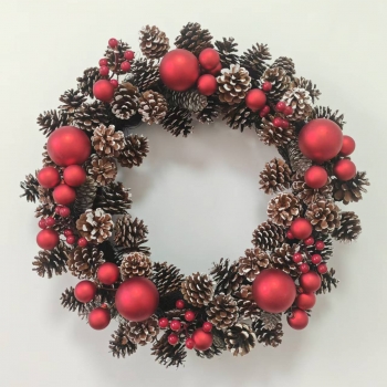 Pinecone & Matte Red Bauble Christmas Wreath