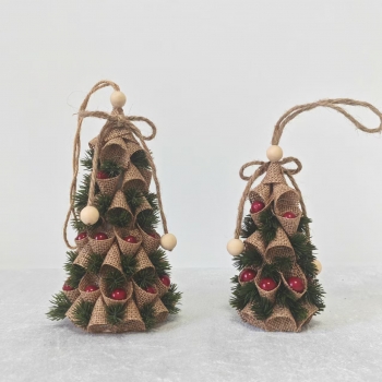 Burlap Red Berry Mini Tree Christmas Ornaments, 2 Sizes