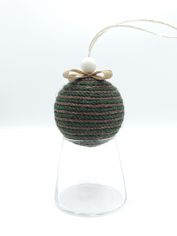 Dark Green & Light Brown Striped Jute Christmas Ball Ornament
