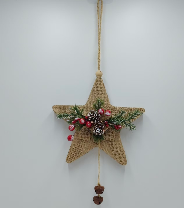 Burlap Star Christmas Ornament with Pinecone & Red Berries