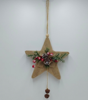 Burlap Star Christmas Ornament with Pinecone & Red Berries
