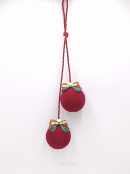 Wine Red Flocked Double Ball Hanging Ornament With Color Block Bows