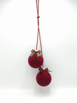 Red Flocked Bauble Double Hanging Ornament With Plaid Bow