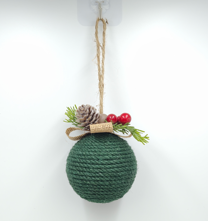 Green Twine Christmas Ball Ornament With Pinecone & Berries