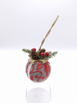 Grey Base Red Scroll Pattern Fabric Christmas Ball Ornament