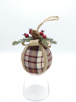Rustic Plaid Fabric Christmas Ball Ornament with Pinecone and Berries