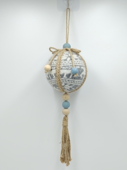 Knitted Christmas Ball Ornament with Blue Wood Beads and Jute Tassel