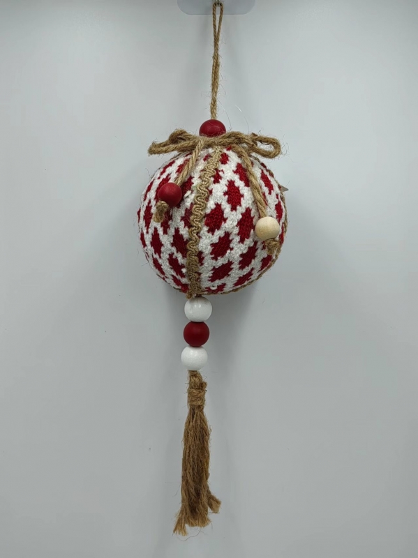 Red White Knitted Christmas Ball Ornament with Wooden Beads and Jute Tassel