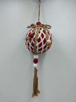 Red White Knitted Christmas Ball Ornament with Wooden Beads and Jute Tassel