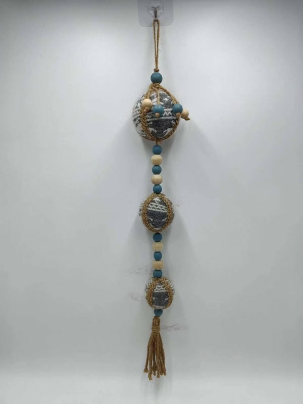 Grey Knit Triple Ball Christmas Hanging Ornament with Blue Wood Beads & Jute Tassel