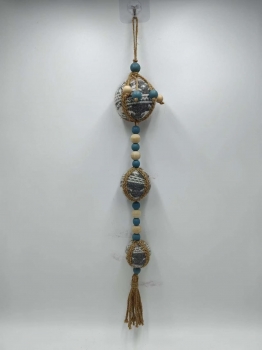 Grey Knit Triple Ball Christmas Hanging Ornament with Blue Wood Beads & Jute Tassel