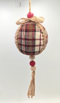 Plaid Fabric Christmas Ball Ornament with Wood Beads and Jute Tassel