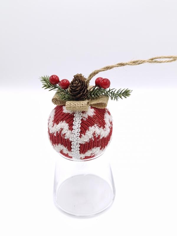 Red-White Wave Plush Knit Christmas Ball Ornament