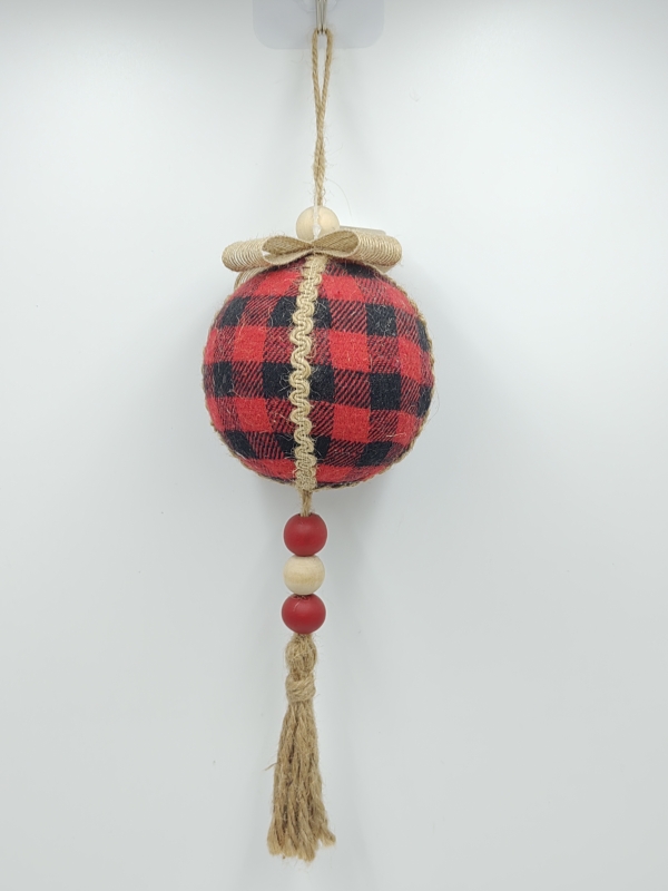 Red Black Plaid Cloth Christmas Ball Ornament with Wooden Beads and Jute Tassel