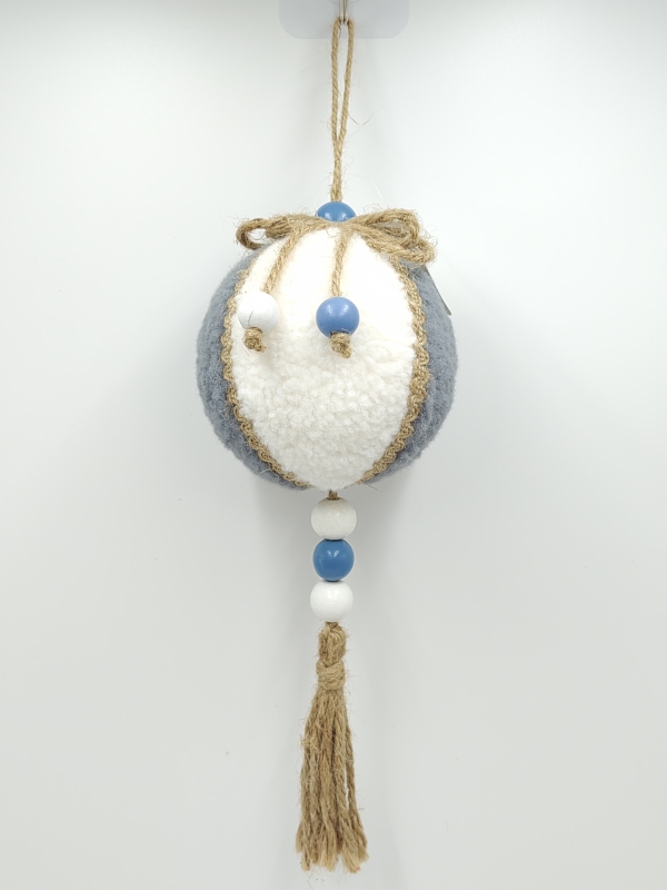 Grey White Spliced Plush Christmas Ball Pendant with Blue White Wooden Beads and Jute Tassel