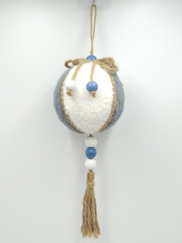 Grey White Spliced Plush Christmas Ball Pendant with Blue White Wooden Beads and Jute Tassel