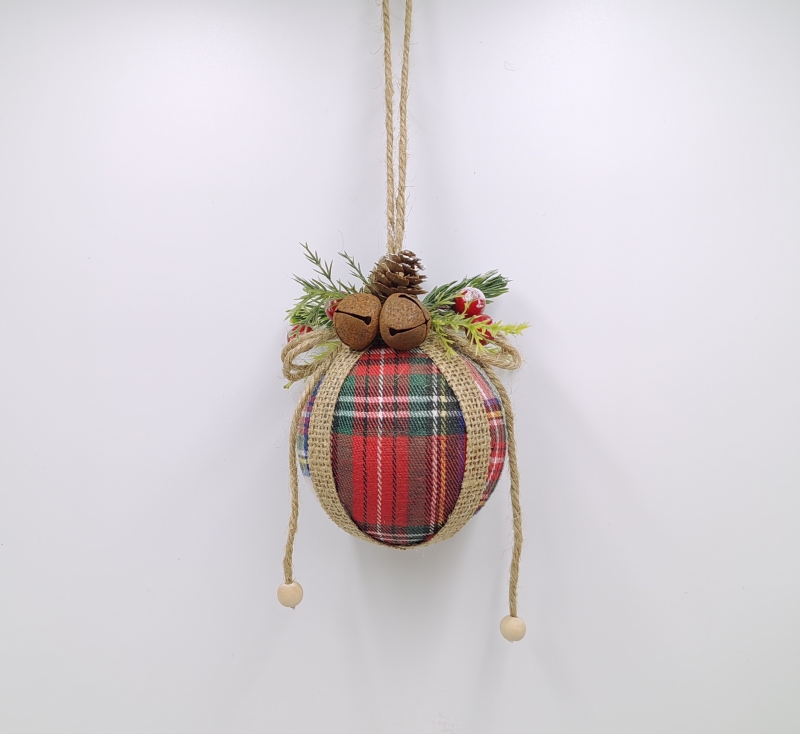 Plaid Burlap Christmas Ball Ornament with Pine Cone, Bells and Berries