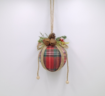 Plaid Burlap Christmas Ball Ornament with Pine Cone, Bells and Berries