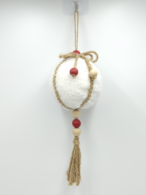 White Plush Christmas Ball Ornament with Red Wood Beads and Jute Tassel