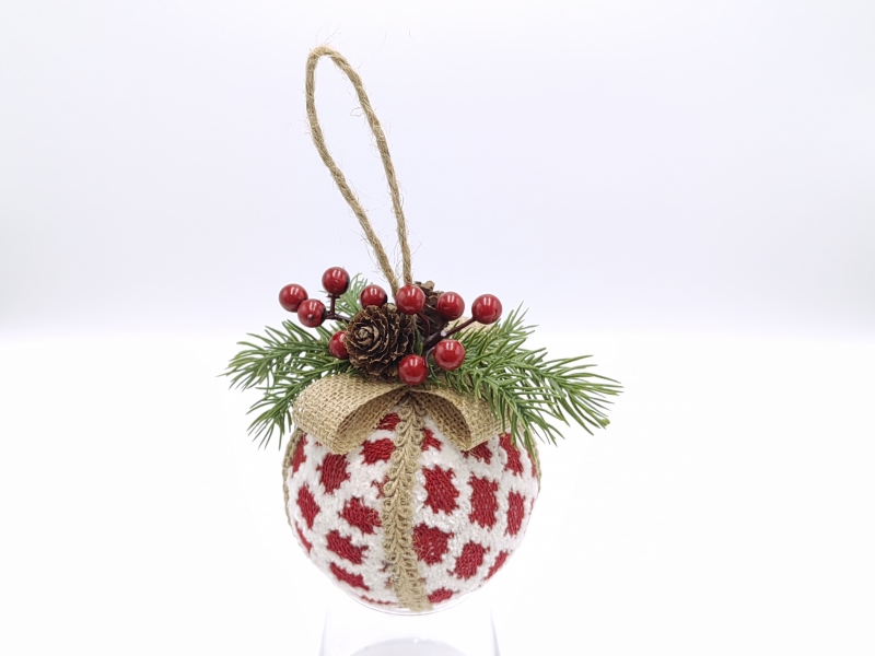 Rustic Knit Christmas Ball Ornament with Pinecone and Red Berries