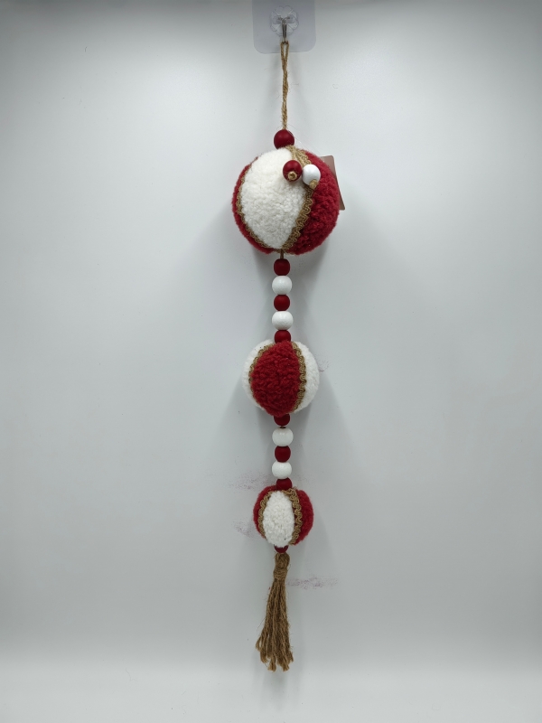 Red White Plaid Triple Ball Christmas Pendant with Red Wood Beads & Jute Tassel