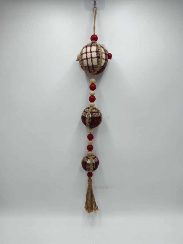 Red White Plaid Triple Ball Christmas Pendant with Red Wood Beads & Jute Tassel
