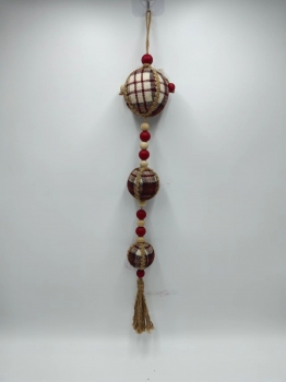 Red White Plaid Triple Ball Christmas Pendant with Red Wood Beads & Jute Tassel