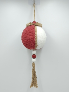 Red and White Spliced Plush Christmas Ball Ornament with Jute Tassel