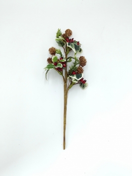 Artificial Christmas Pick with Variegated Leaves, Red Berries and Pine Cones