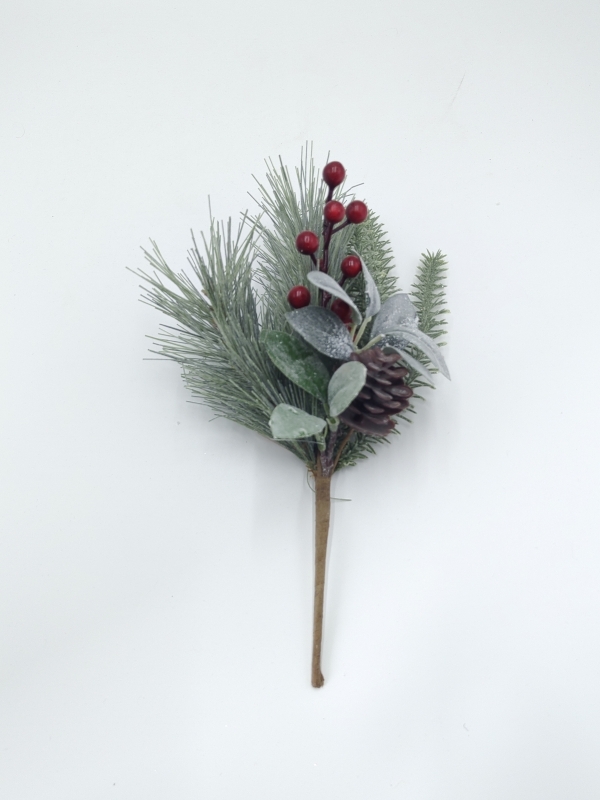 Artificial Christmas Pick with Pine Needles, Lambs Ear Leaves, Red Berries and Pine Cone