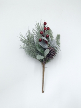 Artificial Christmas Pick with Pine Needles, Lambs Ear Leaves, Red Berries and Pine Cone