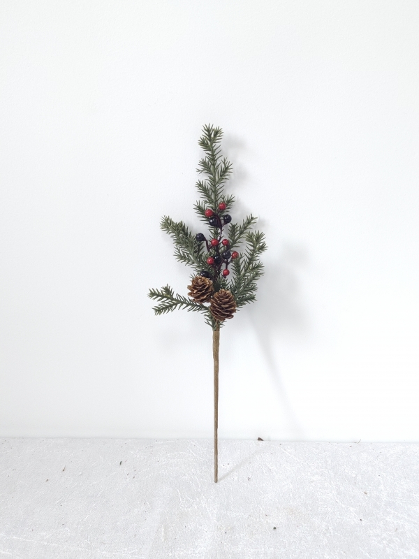 Tall Artificial Christmas Pine Spray with Mixed Red & Black Berries and Pine Cones