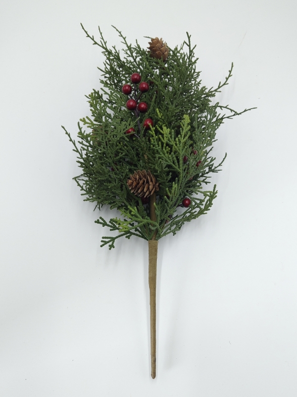 Tall Artificial Cedar Christmas Spray with Red Berries and Pine Cones