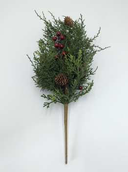 Tall Artificial Cedar Christmas Spray with Red Berries and Pine Cones