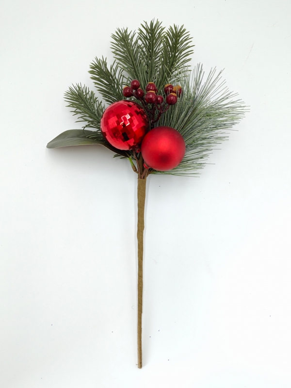 Artificial Christmas Pick with Pine Needles, Red Berries and Shiny Red Baubles