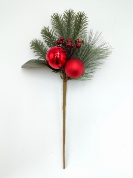 Artificial Christmas Pick with Pine Needles, Red Berries and Shiny Red Baubles