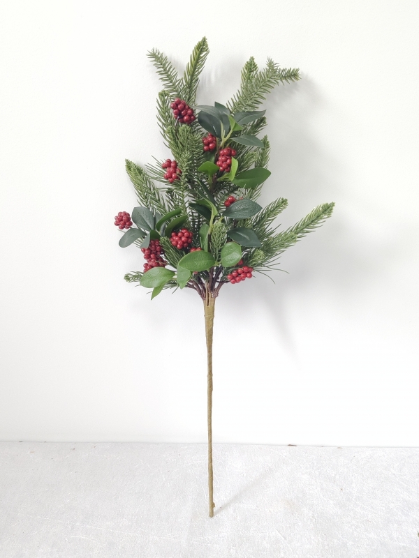Tall Artificial Christmas Pine Spray with Green Leaves and Red Berry Clusters