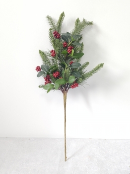 Tall Artificial Christmas Pine Spray with Green Leaves and Red Berry Clusters