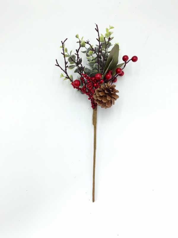 Artificial Christmas Pick with Variegated Leaves, Red Berries and Pine Cones
