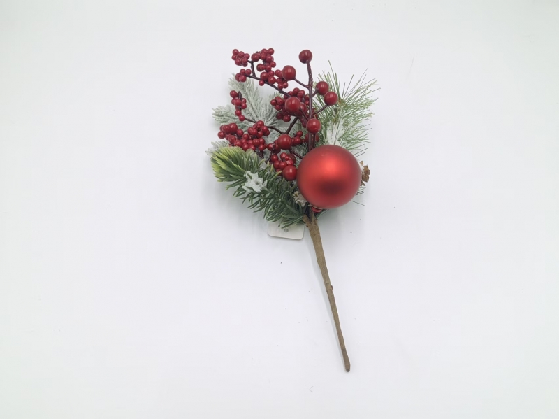 Frosted Artificial Christmas Pick with Pine Needles, Red Berries and Red Bauble