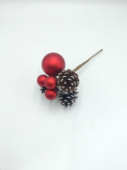 Artificial Christmas Pick with Red Baubles and White-Washed Pine Cone