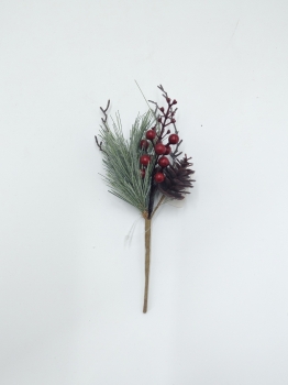 Artificial Christmas Pick with Thin Twigs, Pine Needles, Red Berries and Pine Cone