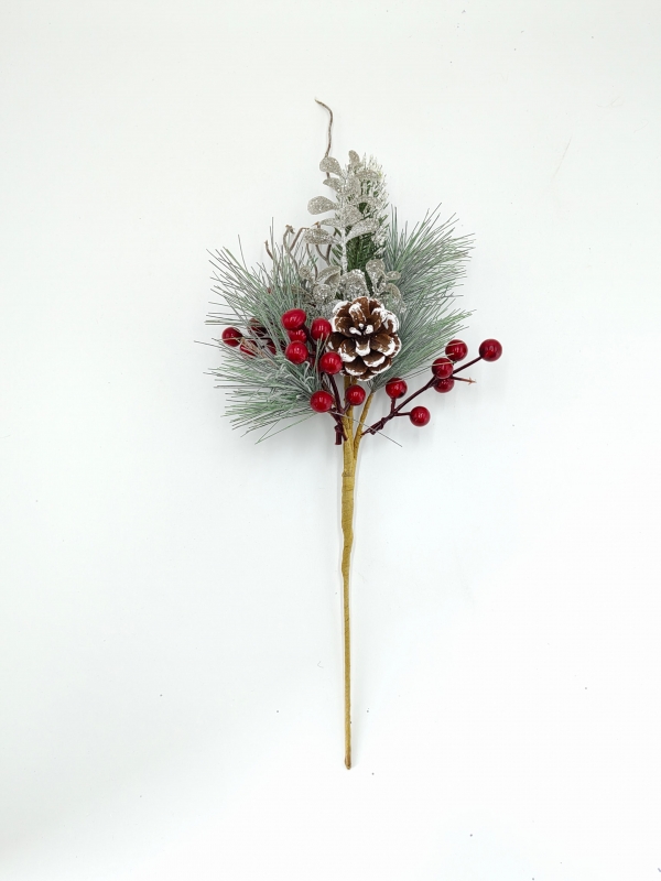 Frosted Artificial Christmas Pick with Pine Needles, Red Berries and Pine Cone
