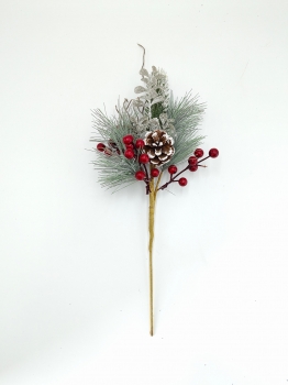 Frosted Artificial Christmas Pick with Pine Needles, Red Berries and Pine Cone