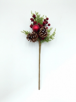 Artificial Christmas Pick with Red Bauble, Berries and Pine Cones