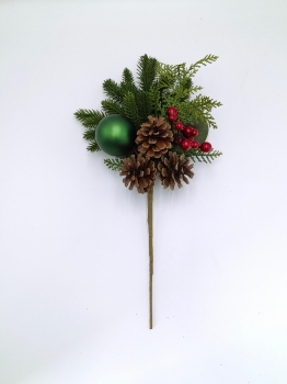 Artificial Christmas Pick with Pine Needles, Green Bauble, Pine Cones and Red Berries
