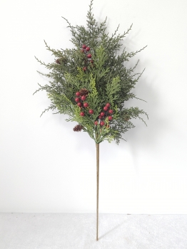 Tall Artificial Cedar Christmas Spray with Red Berries and Pine Cones